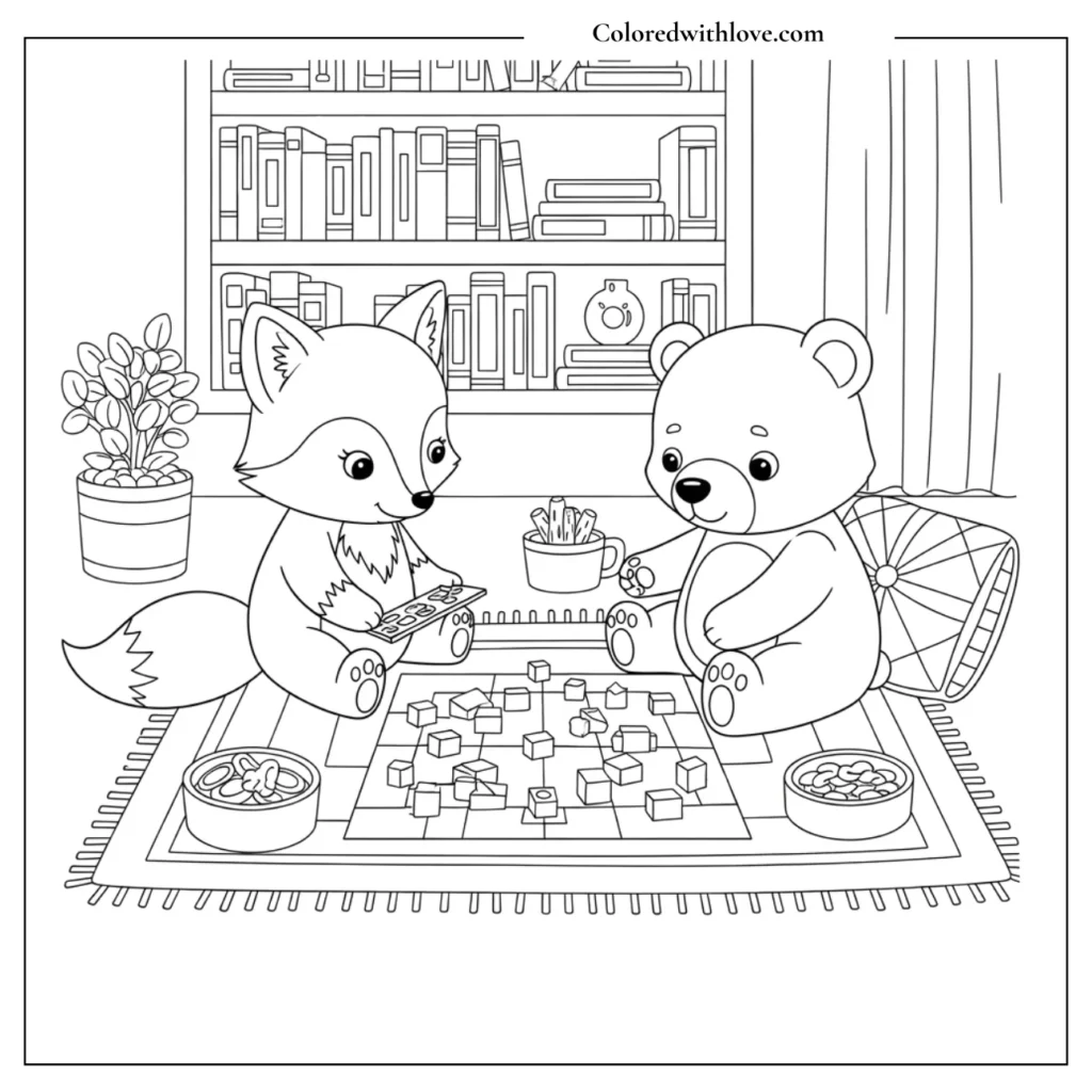 Board game night on a fluffy rug coloring page