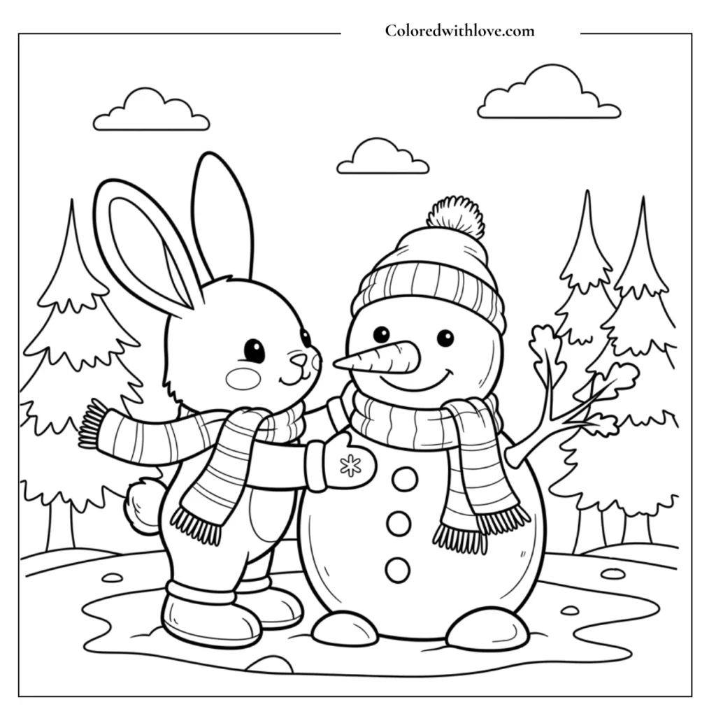 A bunny building a snowman coloring page
