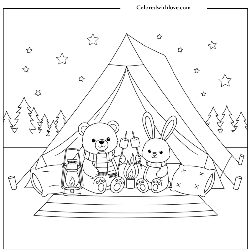 Camping in a tent under the stars coloring page
