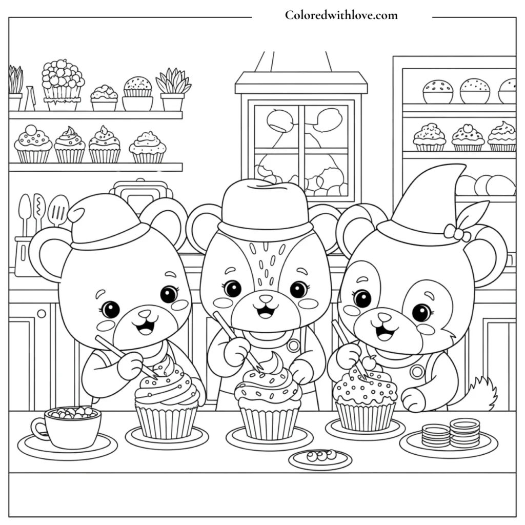 Bears decorating cupcakes in a bakery coloring page
