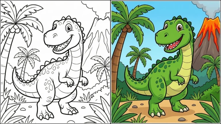 dinosaur coloring page before and after coloring example with black and white outline and colored dinosaur illustration