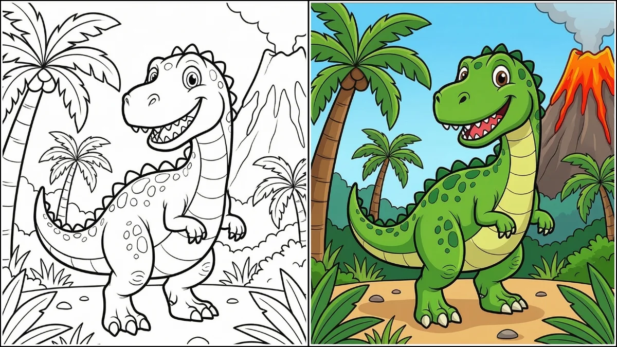 dinosaur coloring page before and after coloring example with black and white outline and colored dinosaur illustration