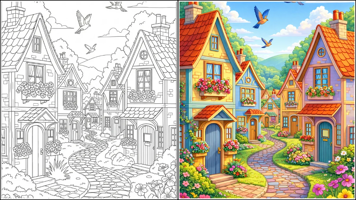 cozy cottage village coloring page before and after coloring with colorful houses, flowers and winding path transformation