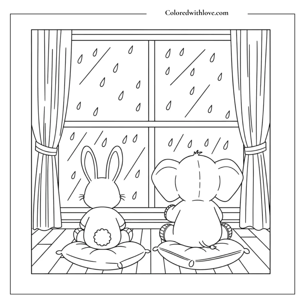 Friends watching raindrops on the window coloring page