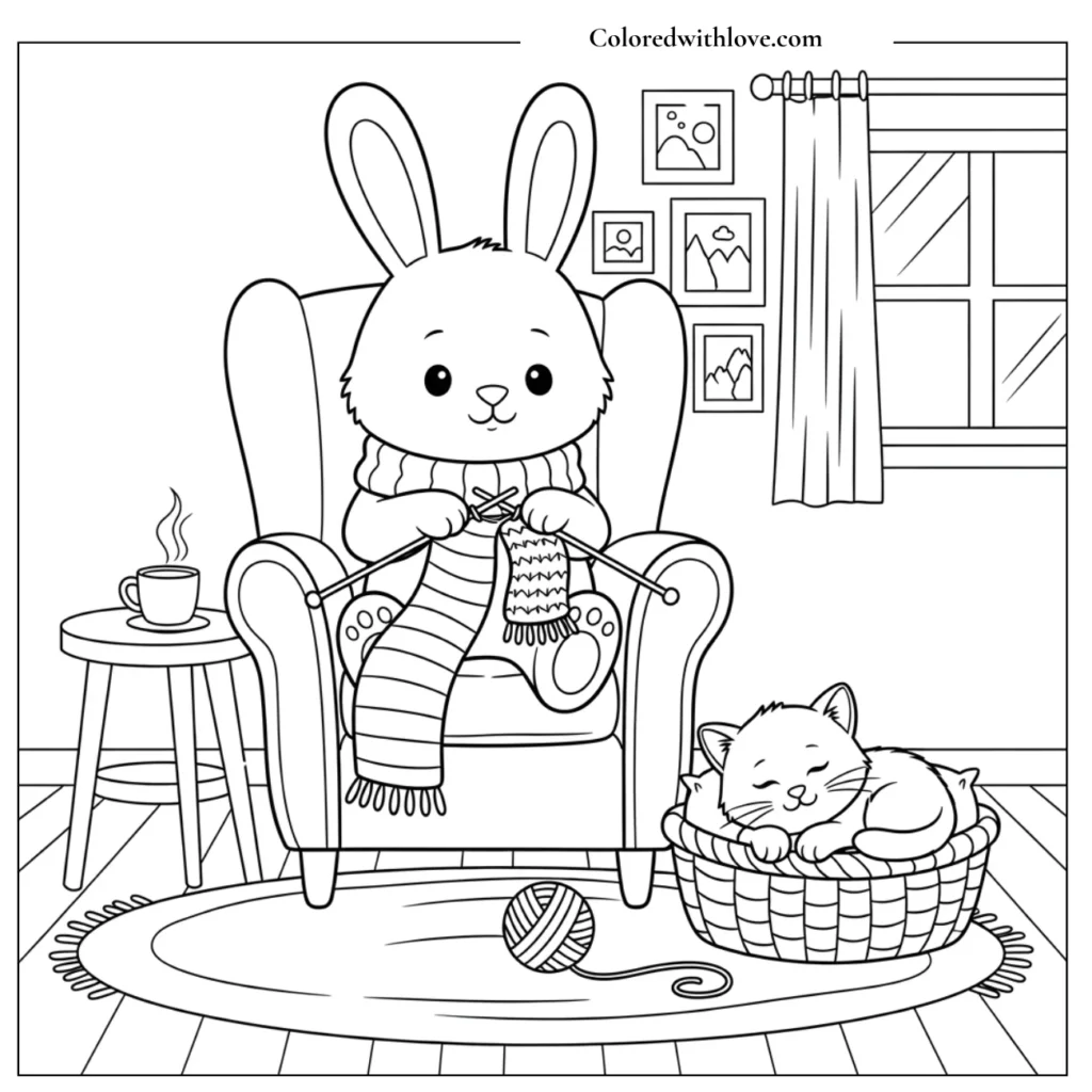  Bunny Knitting and A Cat napping scene coloring page