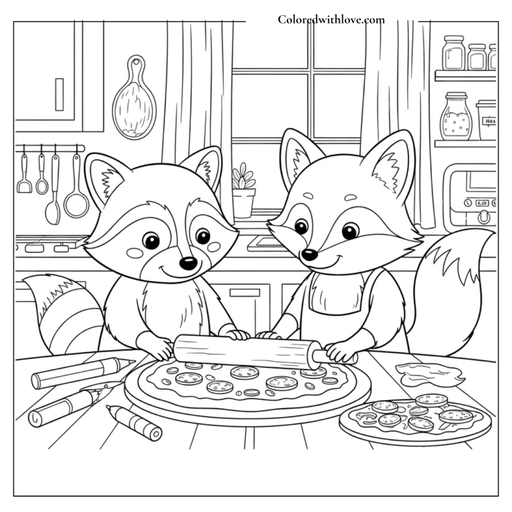 Foxes rolling dough in a cozy kitchen coloring page
