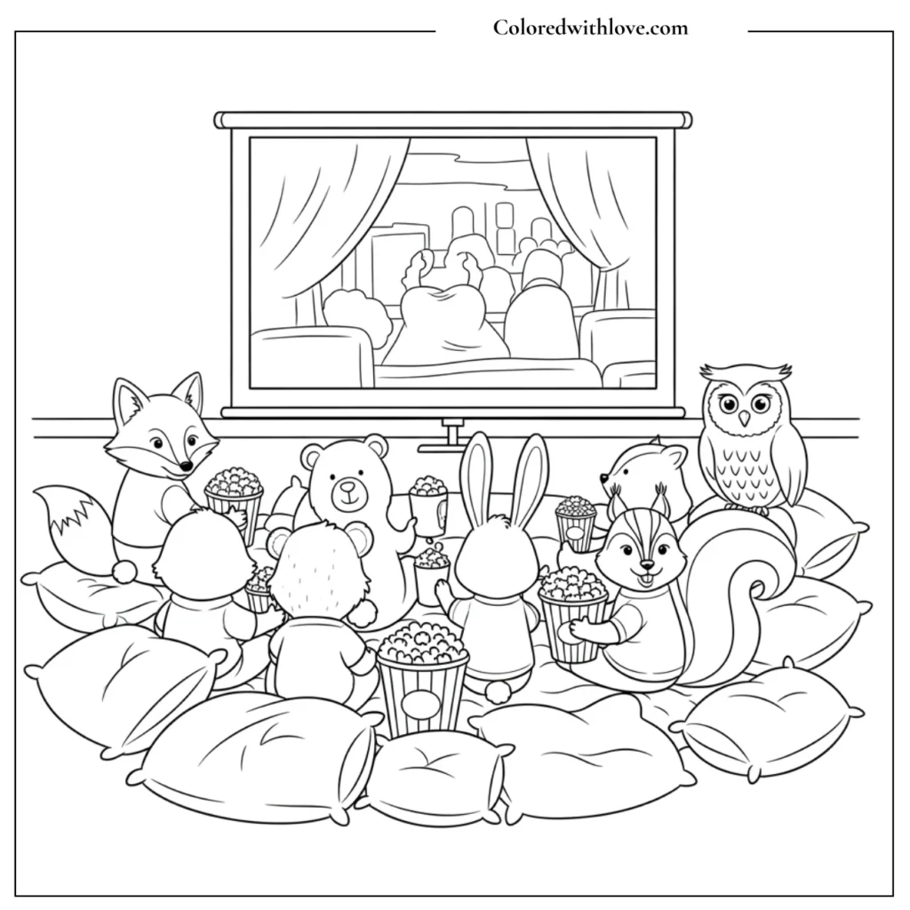 Woodland Animals Movie night with popcorn and blanket coloring pages