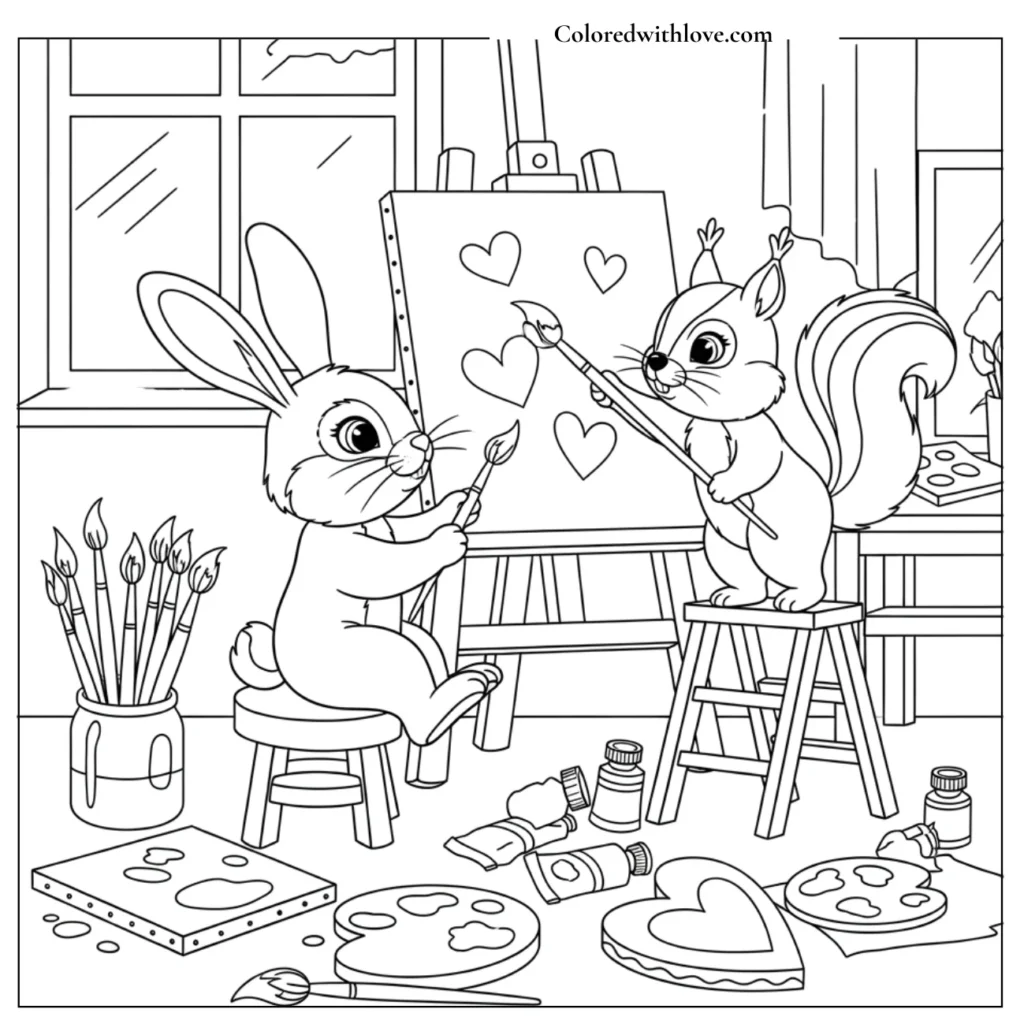 a bunny and his friend Painting in a tiny art studio