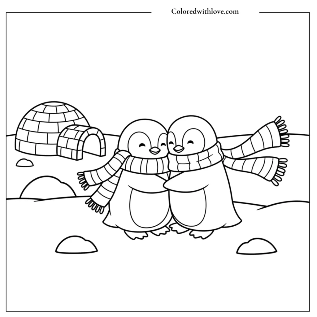Penguins hugging near an igloo coloring page