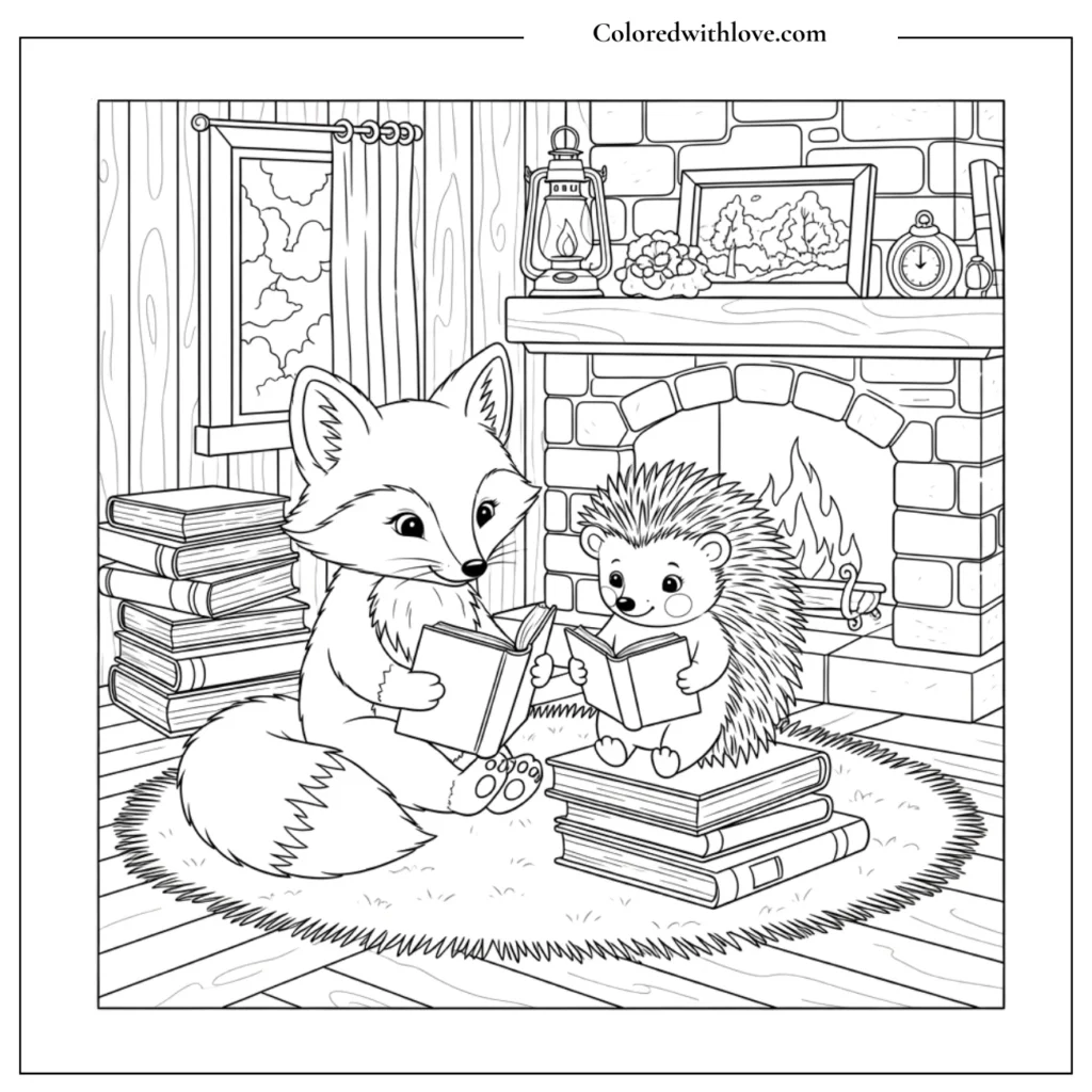 Woodland animals reading beside a fireplace coloring page
