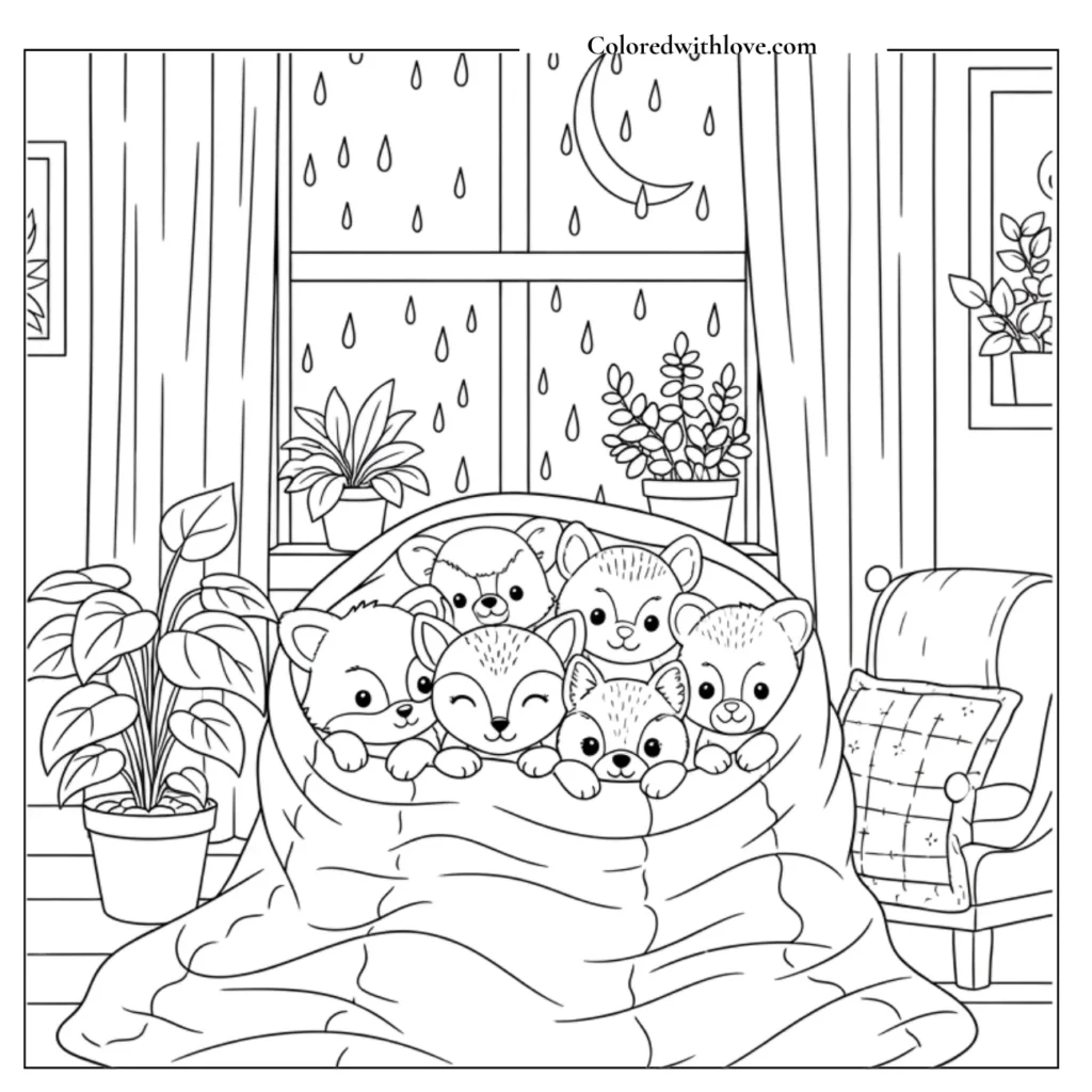 Woodland friends cuddled during a storm coloring page
