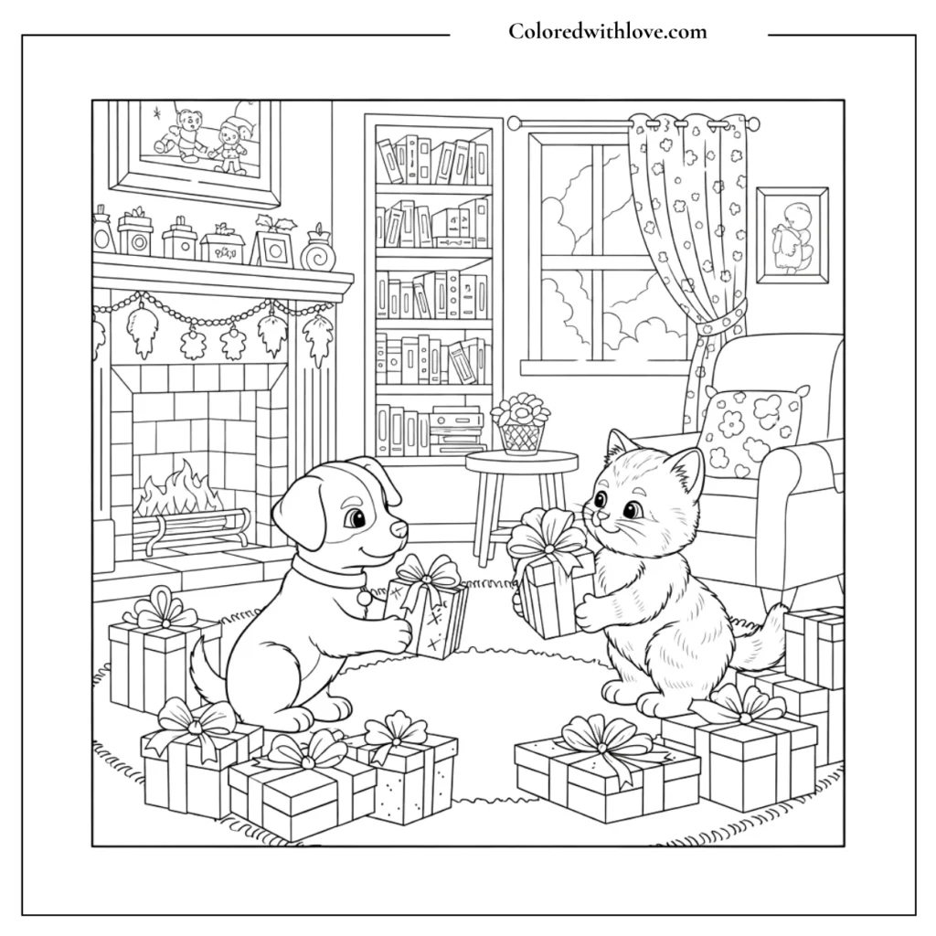  Cute cat and dog exchanging gifts coloring page