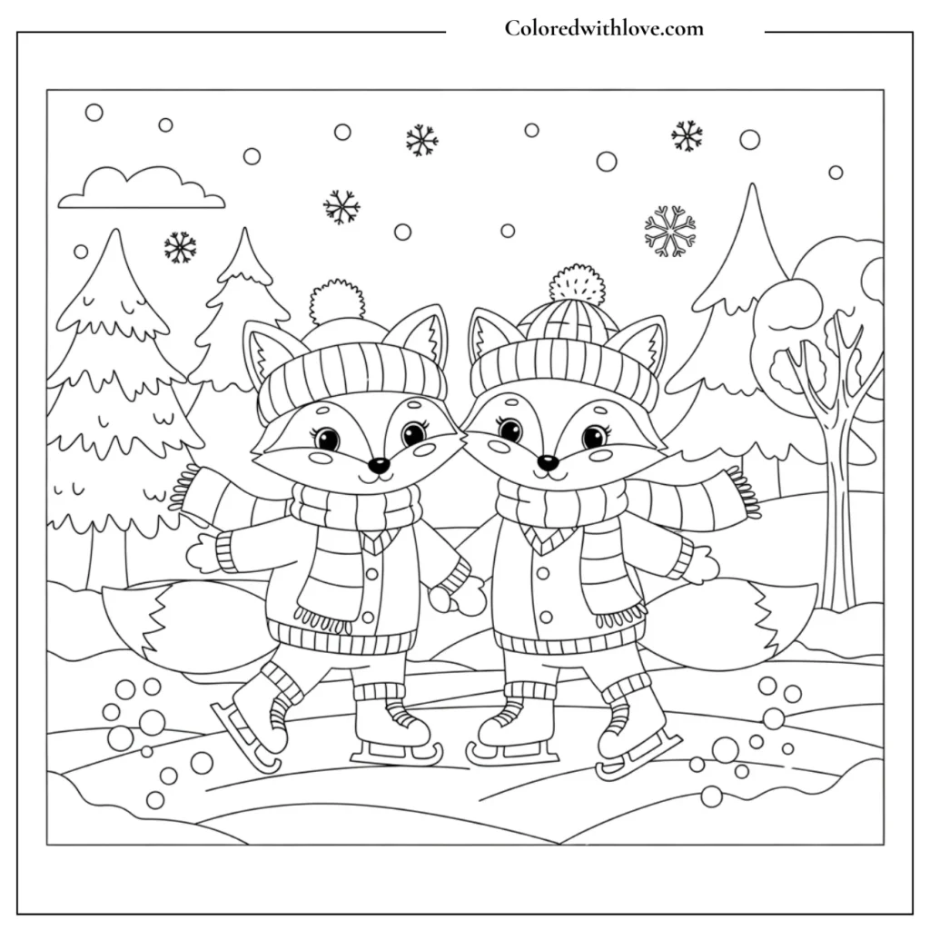 Foxes ice skating in winter outfits coloring page
