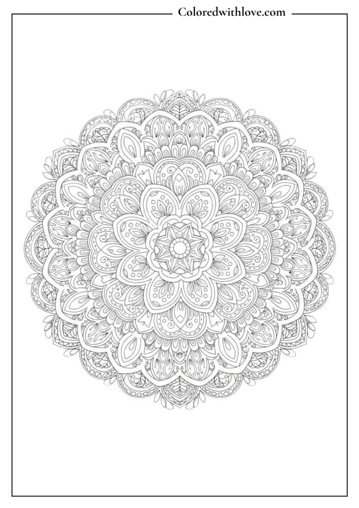 intricate floral mandala coloring page black and white detailed design for adult relaxation