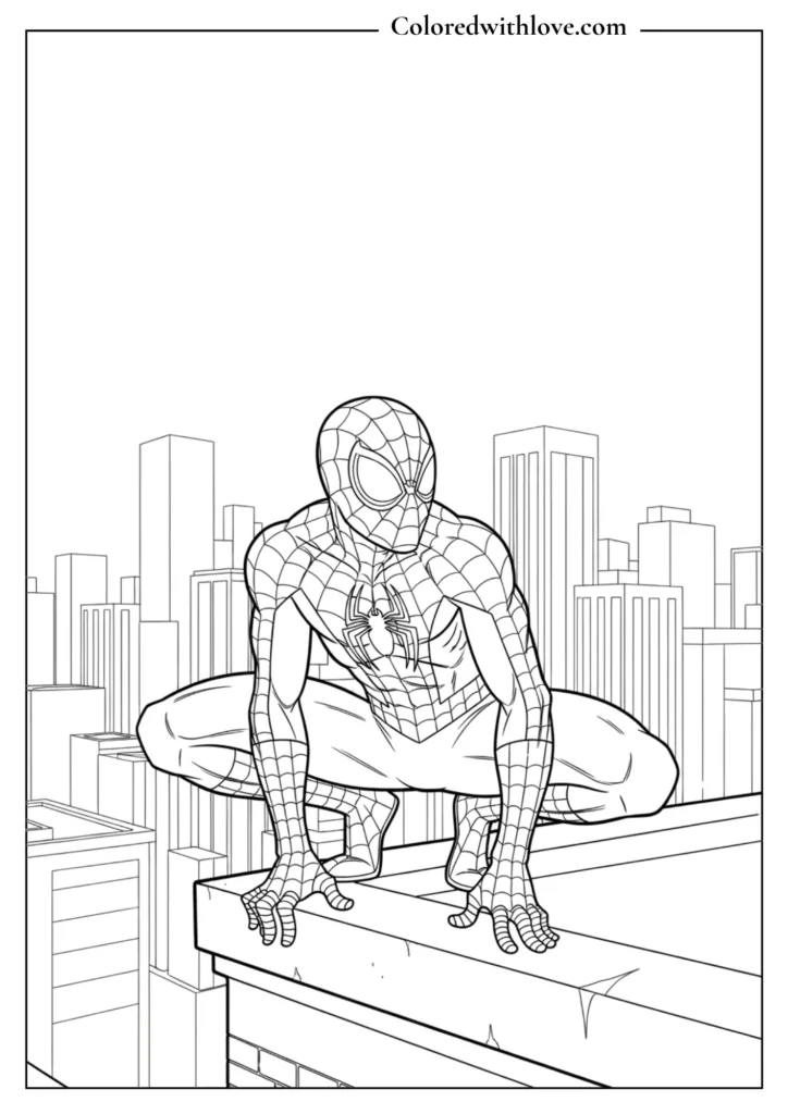 spiderman coloring page crouching on rooftop city skyline printable