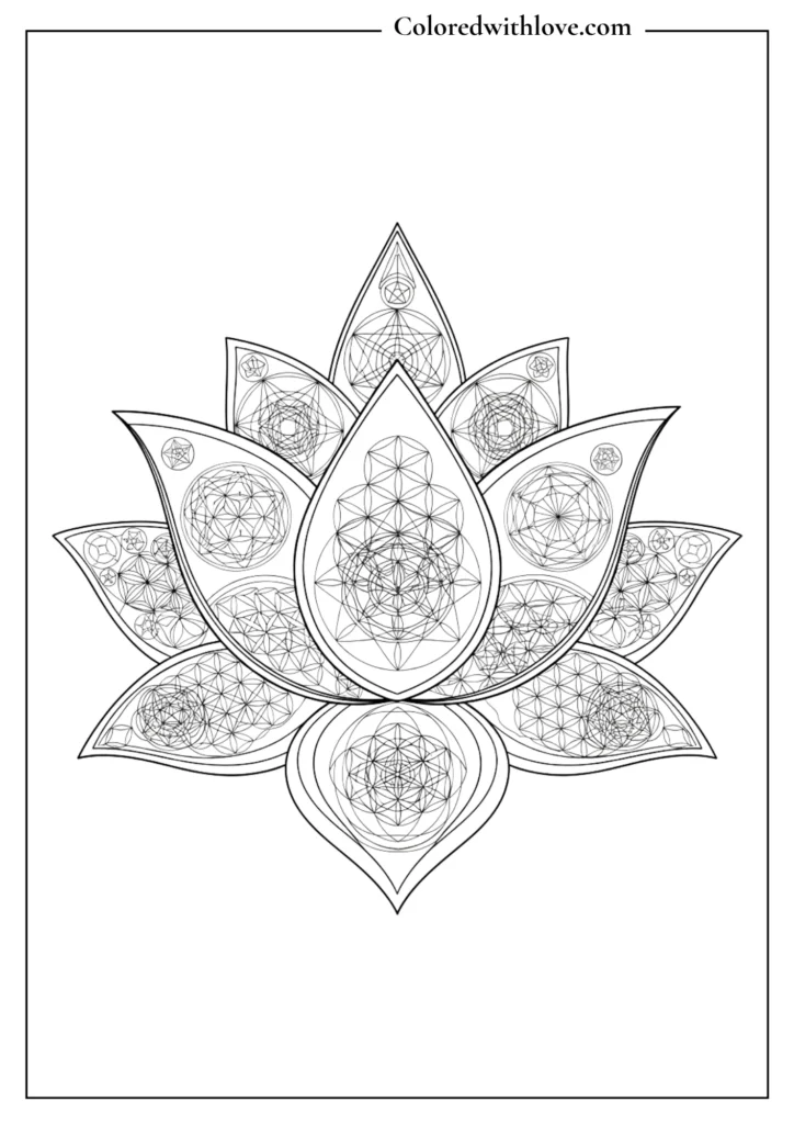 lotus mandala coloring page with sacred geometry patterns black and white design