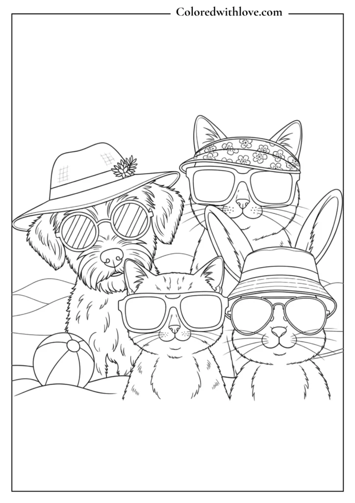 Cute dog cats and bunny wearing sunglasses and hats summer coloring page