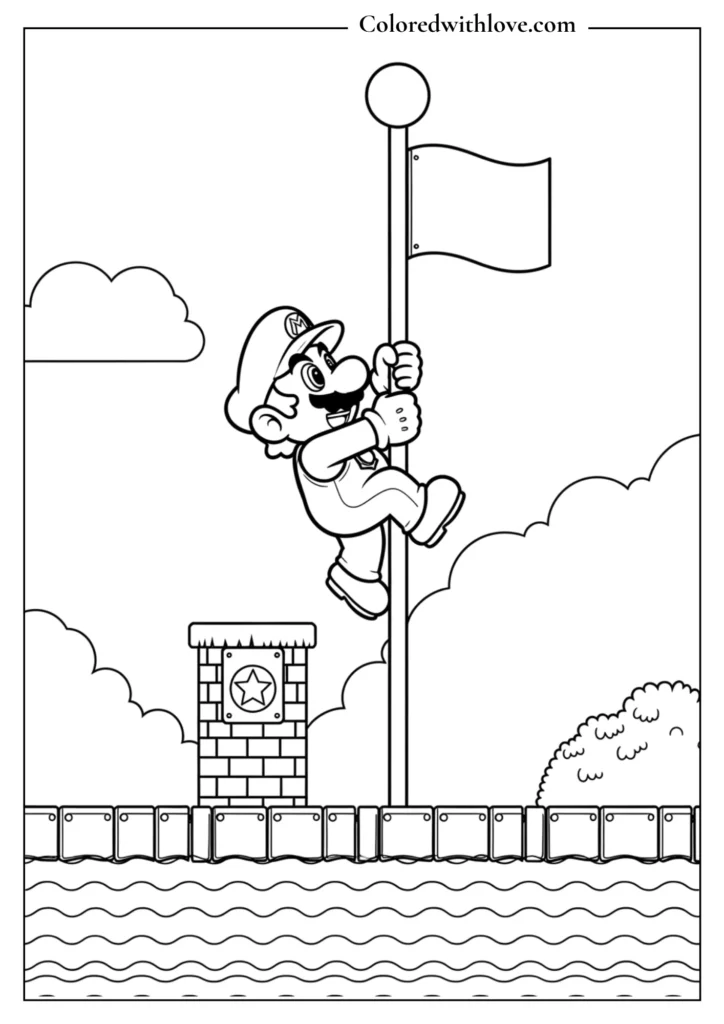 Mario climbs a tall flagpole in a classic level scene in this Super Mario coloring page