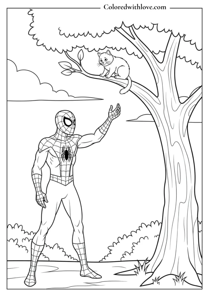 spiderman saving cat from tree coloring page printable for kids