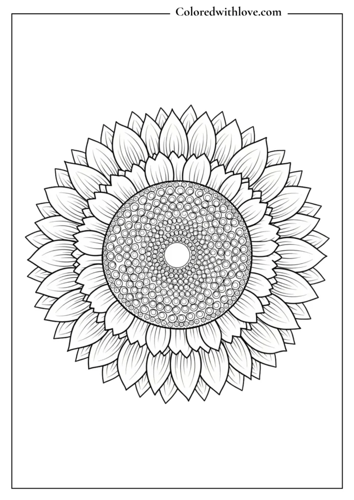 sunflower mandala coloring page with detailed circular seed patterns for adults