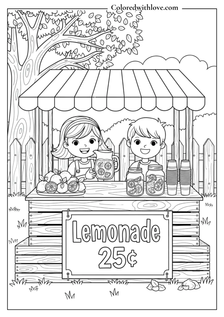 Kids selling lemonade at a stand with jars lemons and cups summer coloring page