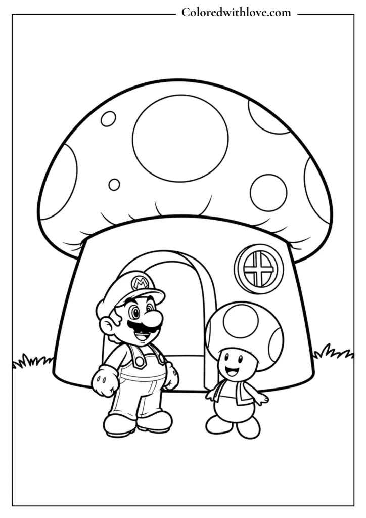 Mario stands with Toad in front of a mushroom house in this Super Mario coloring page