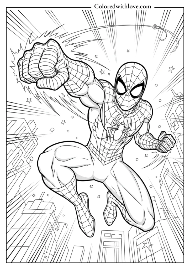 spiderman punching action superhero coloring page printable dynamic pose