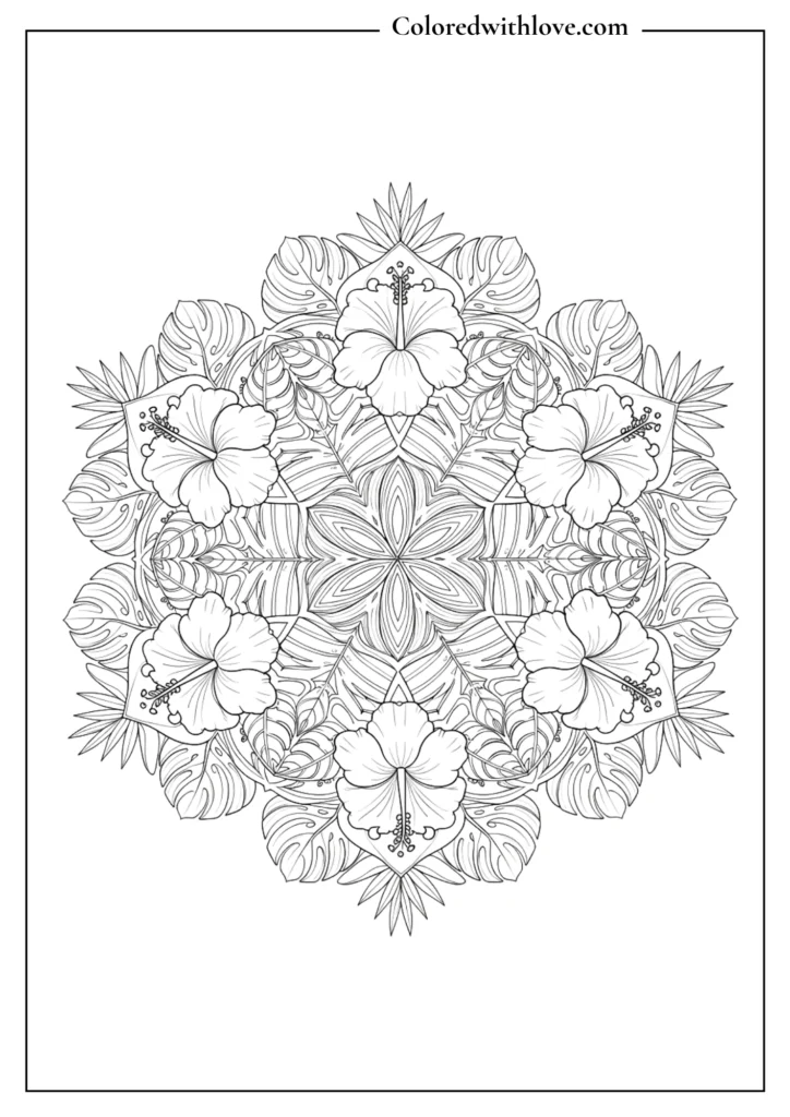 hibiscus mandala coloring page with tropical leaves and floral patterns black and white