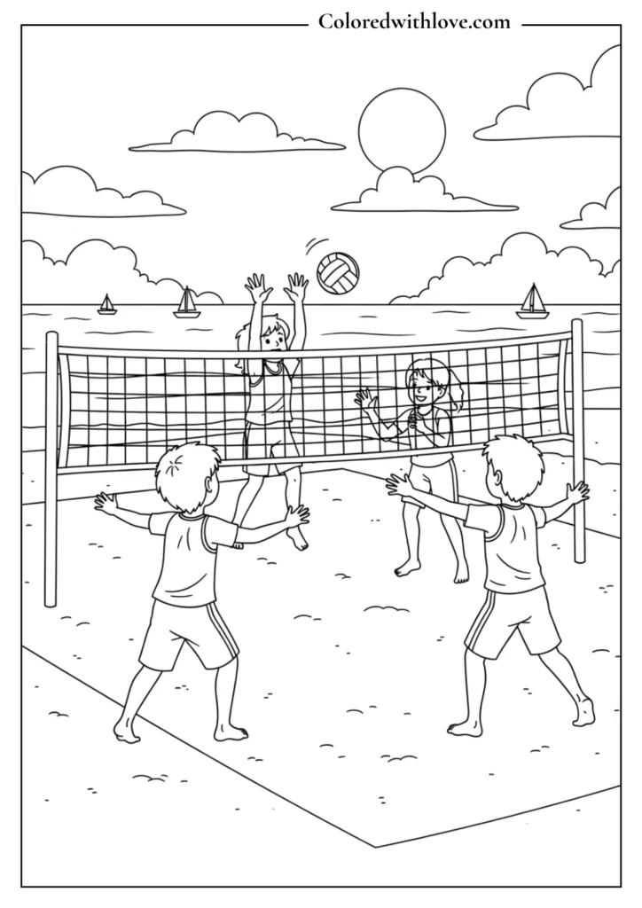 Kids playing beach volleyball near the ocean with net and ball summer coloring page