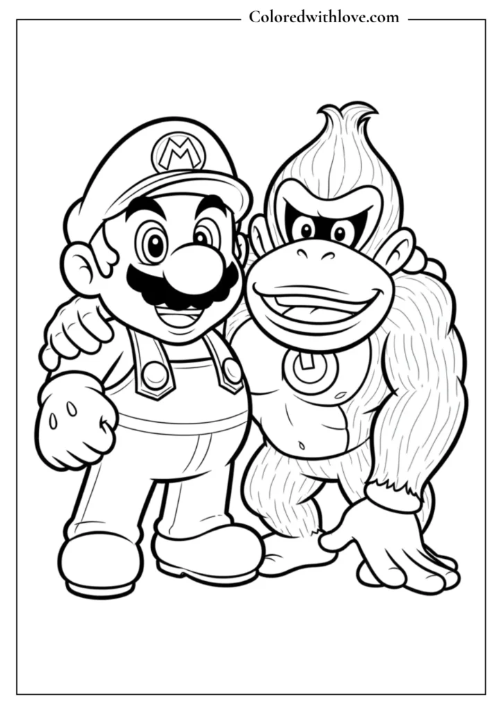 Mario stands next to Donkey Kong smiling in this Super Mario coloring page
