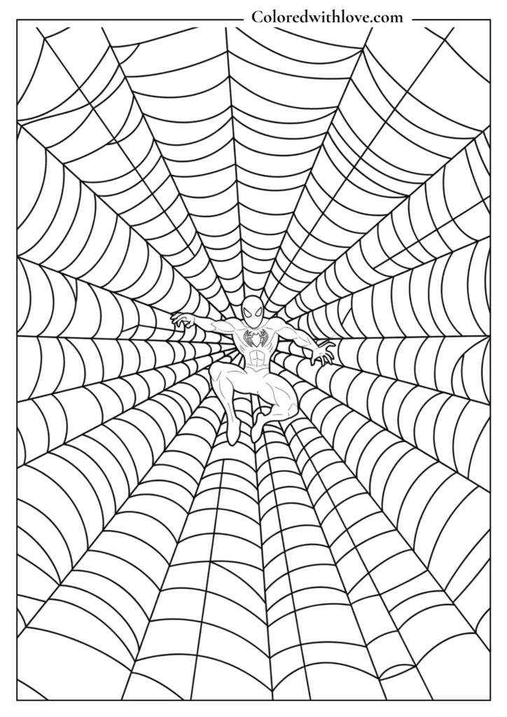spiderman inside spider web tunnel pattern coloring page printable