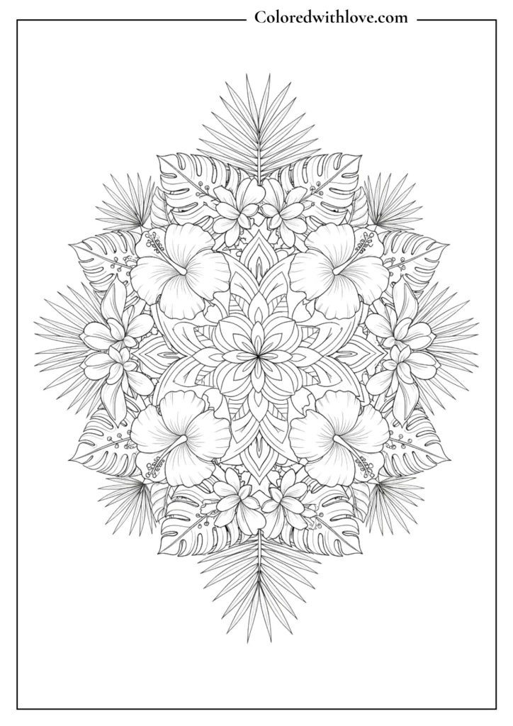 tropical floral mandala coloring page with hibiscus flowers and palm leaves black and white