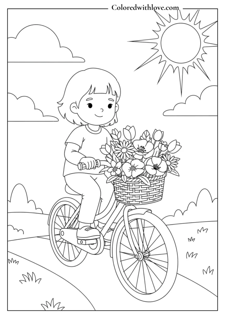 Girl riding a bicycle with basket full of flowers under the sun summer coloring page