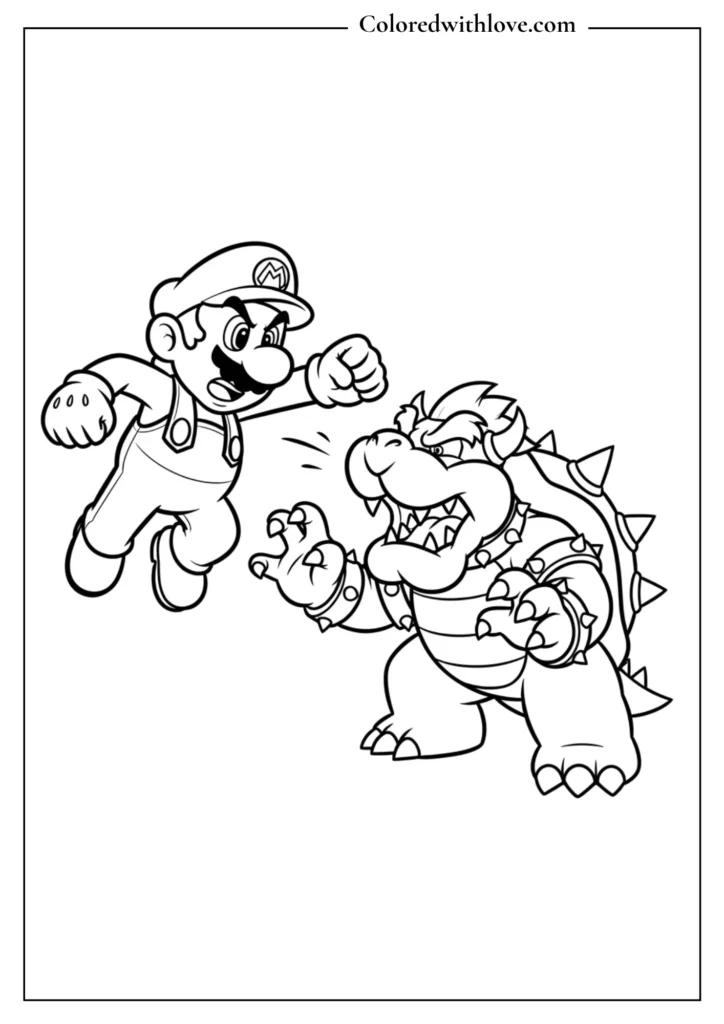 Mario jumps to punch Bowser in an action scene in this Super Mario coloring page