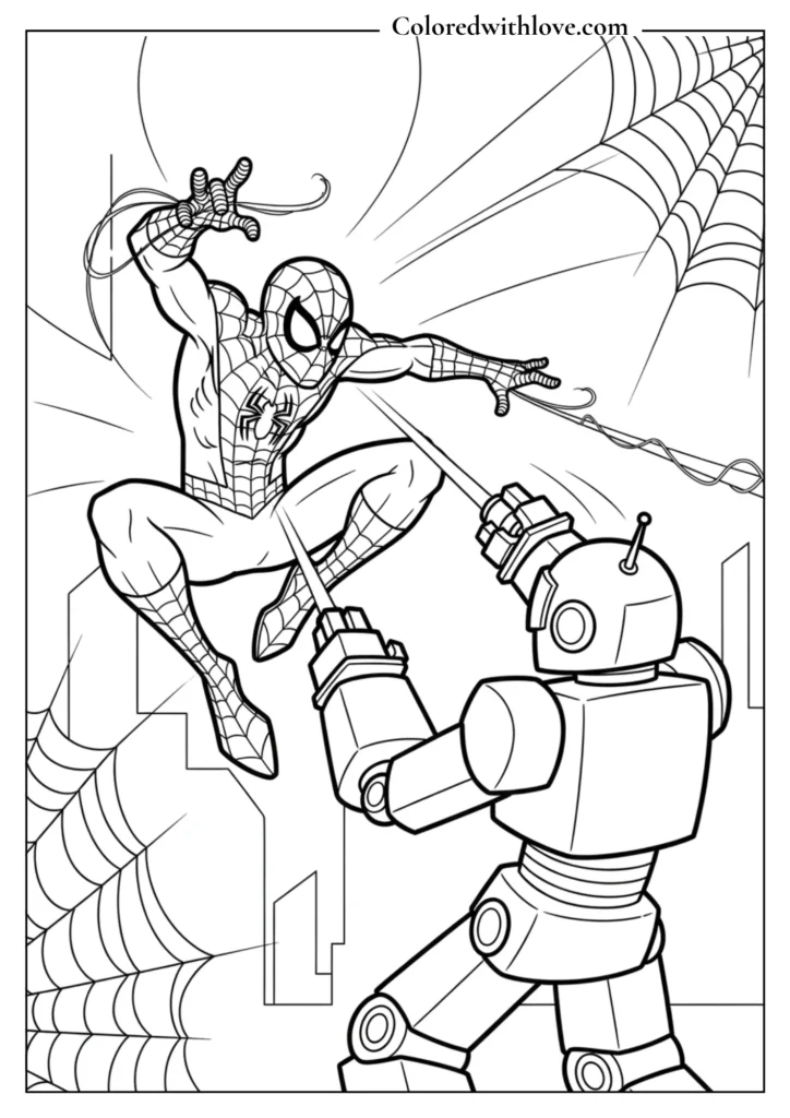 spiderman fighting robot villain coloring page printable action scene