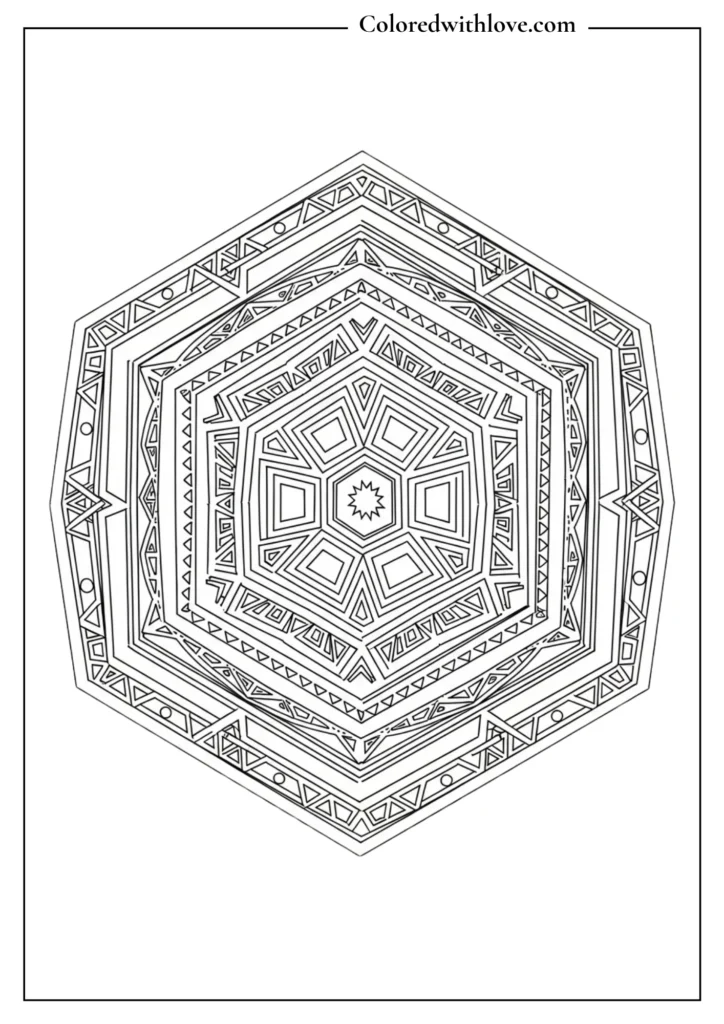 geometric hexagon mandala coloring page with tribal patterns black and white