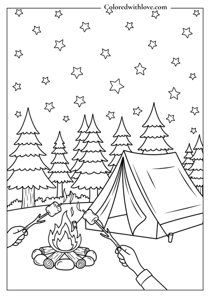 Camping scene at night with tent campfire and marshmallows under starry sky coloring page