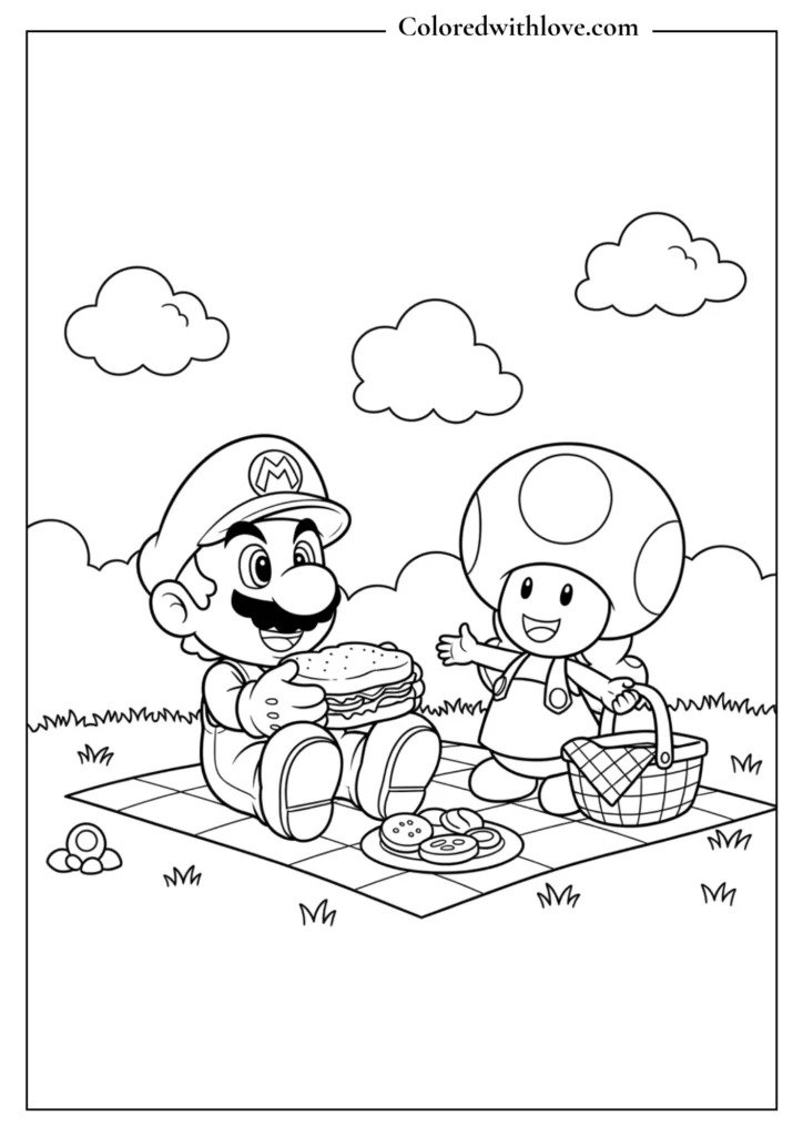 Mario sits on a picnic blanket eating a sandwich with Toad in this Super Mario coloring page