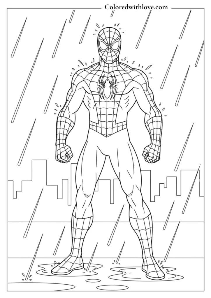 spiderman standing in rain city skyline coloring page printable