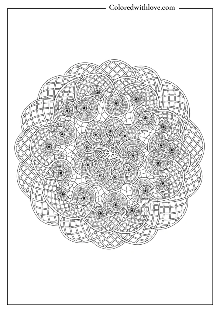 abstract spiral mandala coloring page with intricate circular grid patterns