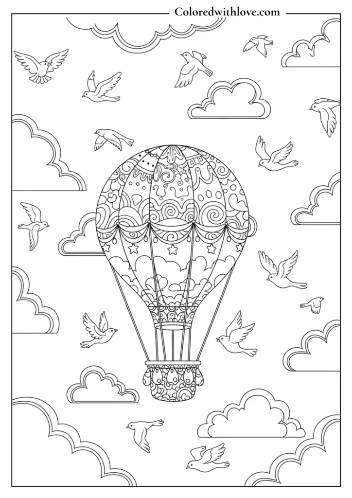 Hot air balloon flying in the sky with birds and clouds detailed coloring page