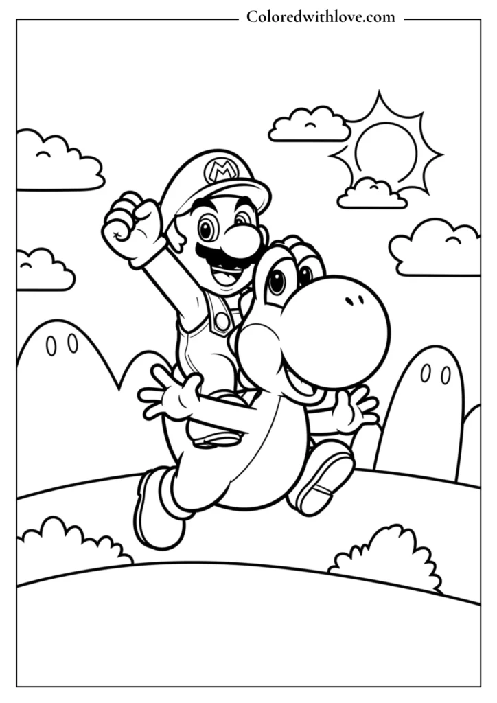 Mario rides Yoshi happily in a landscape scene in this Super Mario coloring page