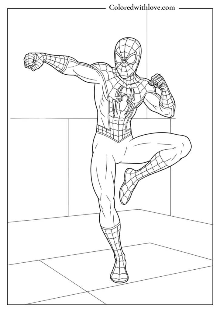 spiderman fighting pose punch kick coloring page printable