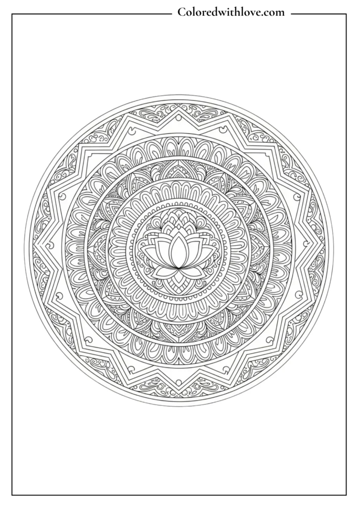 lotus mandala coloring page with decorative circular layers black and white