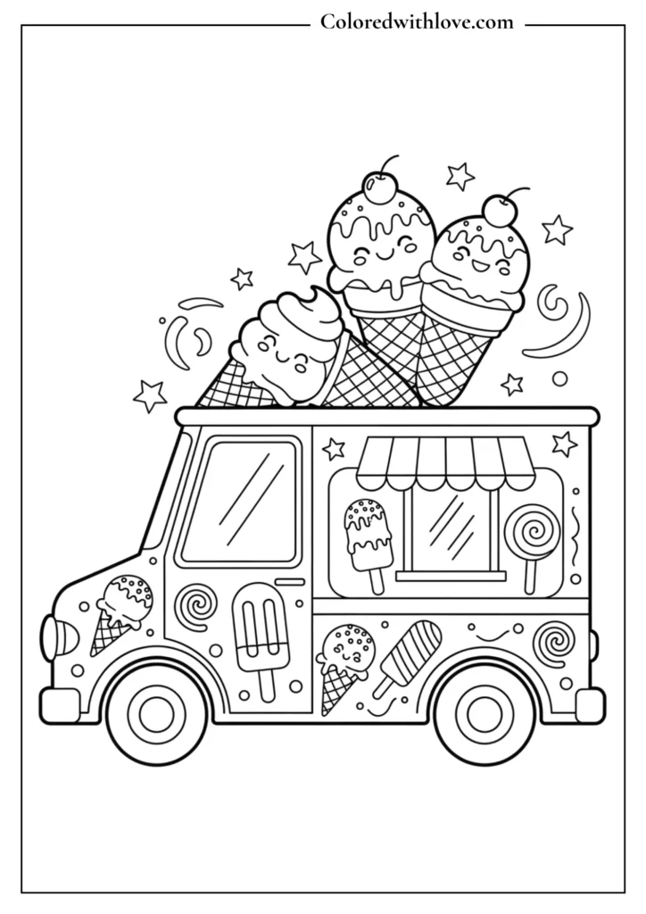 Cute ice cream truck with cones popsicles and sweets summer coloring page