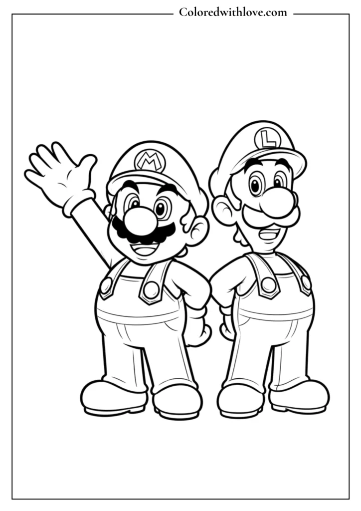 Mario stands next to Luigi waving in this Super Mario coloring page
