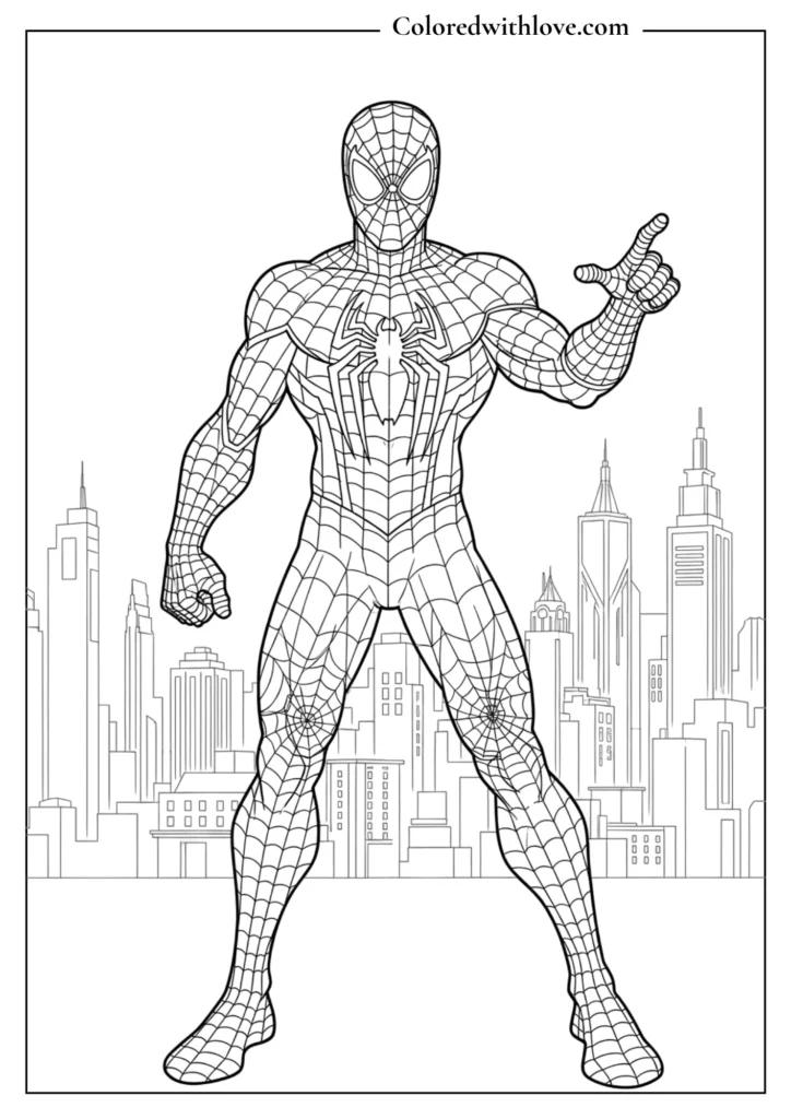 spiderman standing hero city skyline coloring page printable full body