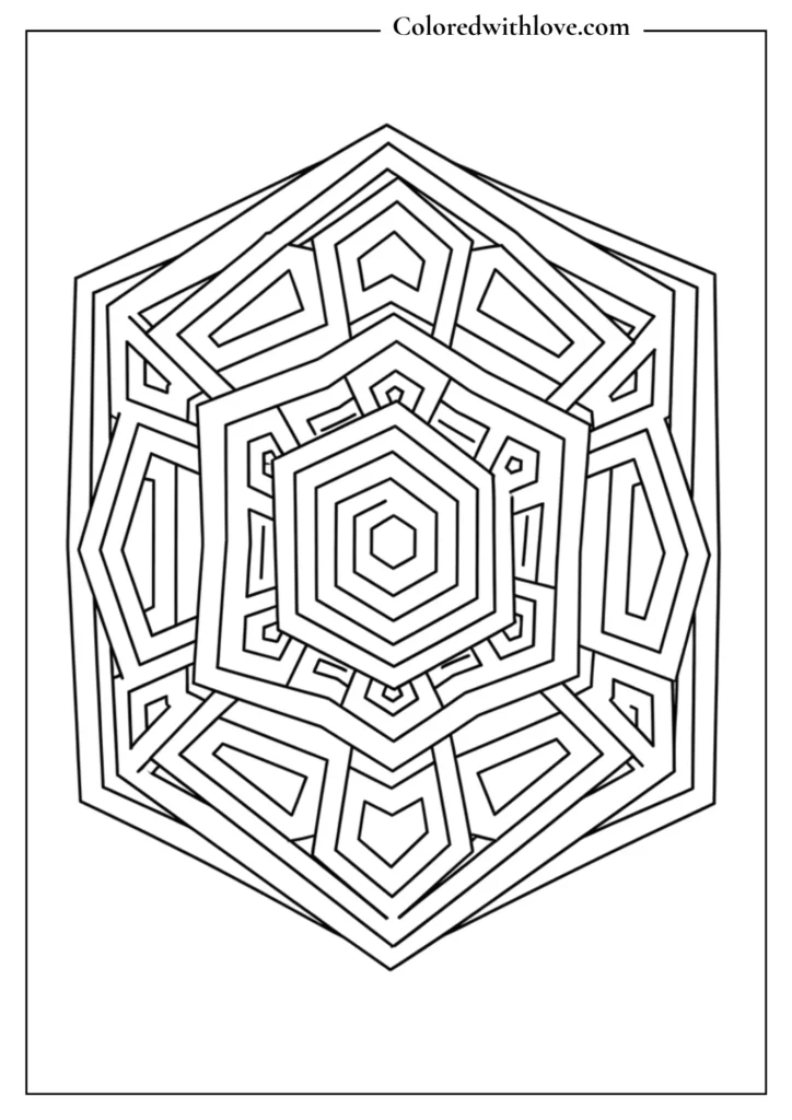 geometric hexagon mandala coloring page with bold line patterns black and white