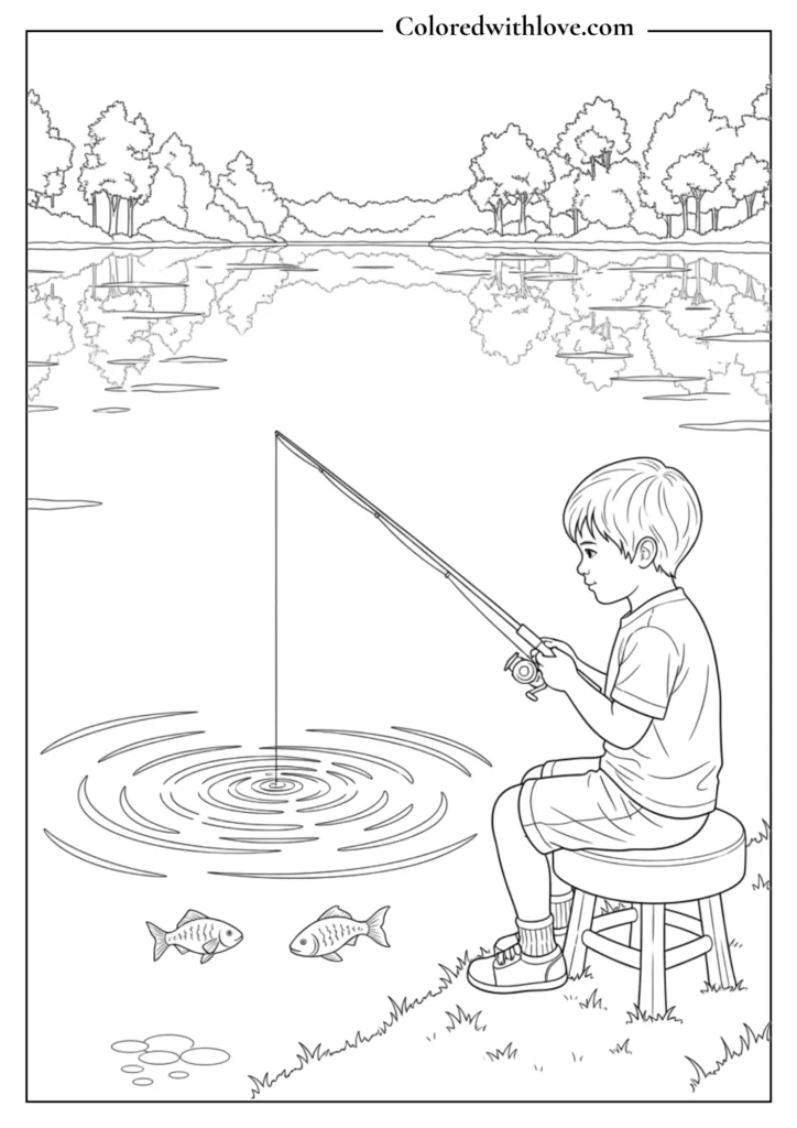cute boy fishing by the lake coloring page for kids with fish and nature background
