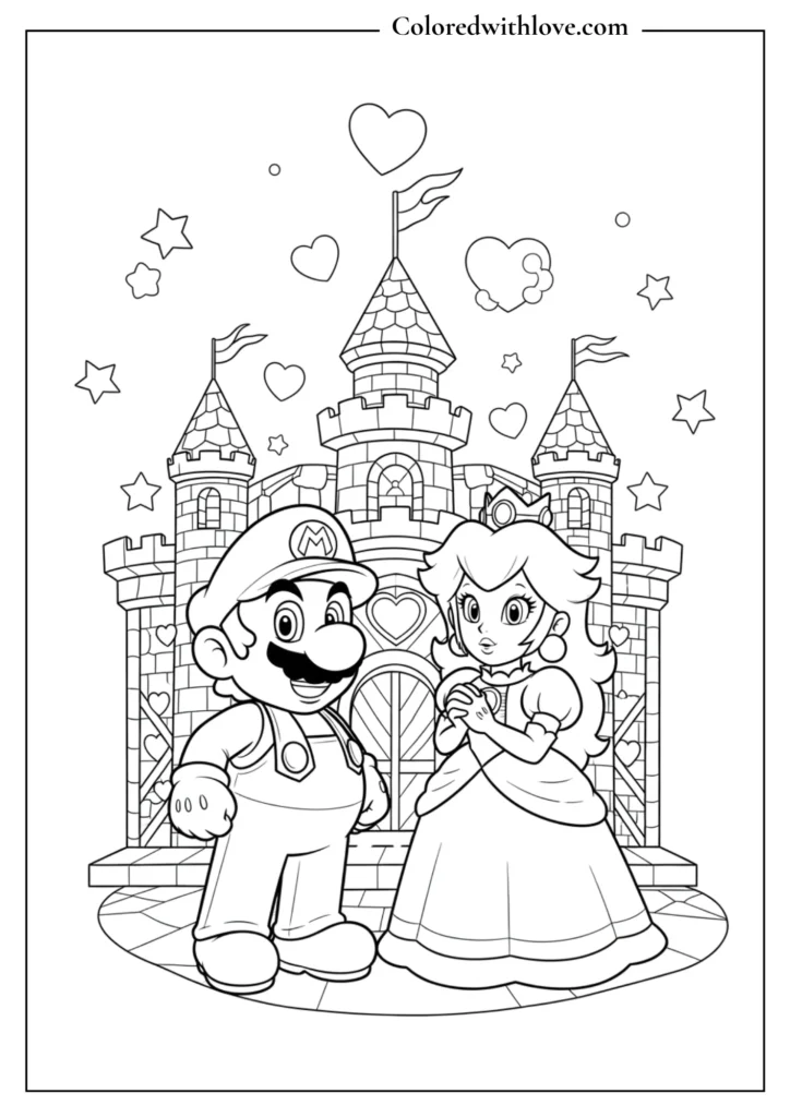 Mario stands next to Princess Peach in front of a castle in this Super Mario coloring page